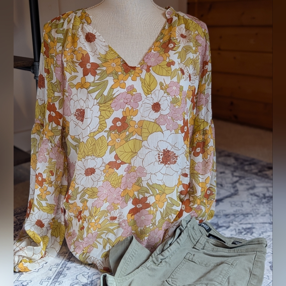 Stylish Floral V-Neck Blouse - Pink, Yellow, Green